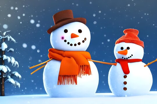 There is a snowman in the picture. It is made of three balls of different sizes. The largest one is at the bottom, and the smallest one is at the top for its head. There are two eyes made of coal