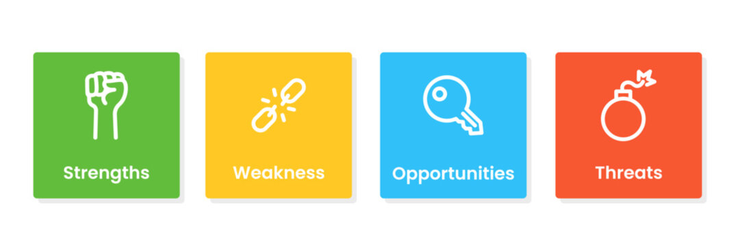 Infographic SWOT-analysis. Four colorful element squares with icons. Analysis of business, strategy, and planning.
