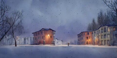 I am looking at a watercolor painting of apartment buildings in the wintertime. The sky is dark and there is snow on the ground.