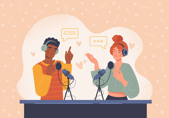 Audio podcast concept. Man and woman sit in front of microphone and create interesting content for Internet. Radio show hosts. Modern technologies and digital world. Cartoon flat vector illustration