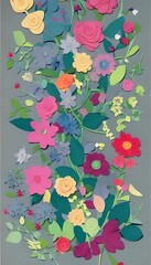 This is a sheet of paper with cut-out flowers on it. The design is simple, but pretty. Each flower has five petals, and there are six flowers in total. Three of the flowers are purple, two are