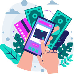 Hand Holding Smartphone for Select Goods and Make Payment Flat Illustration