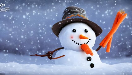 The snowman is made out of three big balls ofSnow. His eyes are two coal pieces, and his mouth is a crooked line made with an old orange peel. He has stick arms, and someone has propped up a