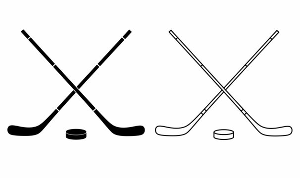 Crossed Hockey Sticks And Puck Icon Set Isolated On White Background