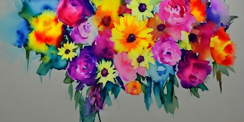 A watercolor flower bouquet is a beautiful array of blooms in pretty hues. The petals are soft and the colors are gentle, making this picture perfect for any room or office space.