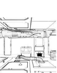 Hangar Satellite Interior Vector. Illustration Isolated On White Black Background. A vector illustration Of A Hangar Satellite Interior.
