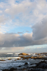 Morning along rocky Pacific coast of California with clouds, plants on shore, partial rainbow - 543563299