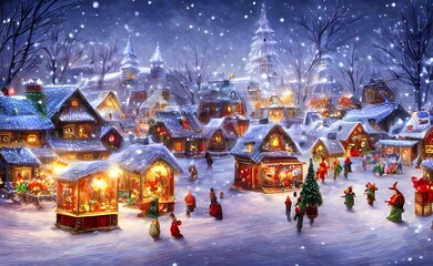 It's a cold winter day and the Christmas village is covered in snow. The villagers are busy preparing for the celebrations, stringing up lights and decorating the trees. In the center of the village t