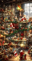 Fototapeta premium The Christmas toy factory is a flurry of activity. Elves are busy constructing toys, while others are wrapping them in bright paper and bows. The air is full of the scent of pine needles and gingerbre
