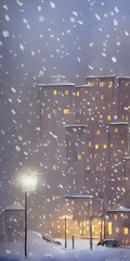 I am looking at a watercolor painting of some apartment buildings. It is nighttime, and there is snow on the ground. The lights in the apartments are shining brightly.