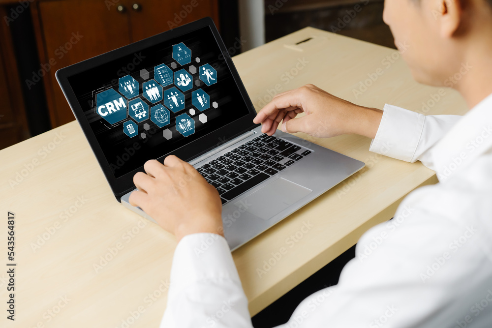 Poster customer relationship management system on modish computer for crm business and enterprise