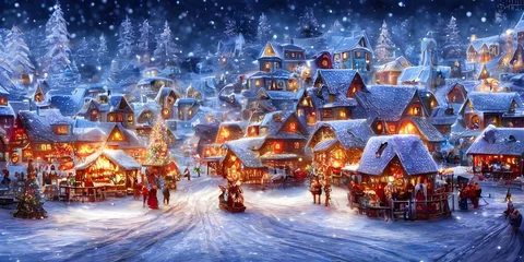Foto op Plexiglas Het is een winters kerstdorp. De huizen zijn allemaal bedekt met sneeuw en er hangt een dun laagje rijp op de bomen. In de verte zie je de vage contouren van bergen. © dreamyart