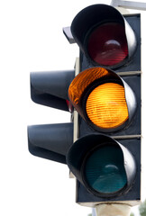 Closeup traffic light showing orange light concept