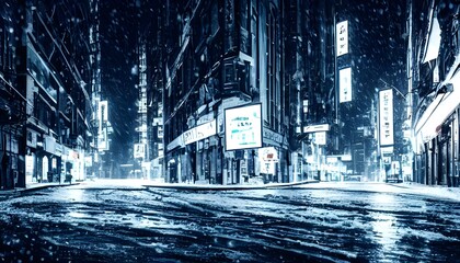 The city street is empty and dark, the only light coming from a few windows in the tall buildings that line either side. A layer of snow covers everything, reflecting what little light there is back u