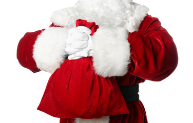 Santa Claus with red bag on white background