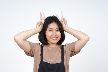 Showing Peace Sign of Beautiful Asian Woman Isolated On White Background