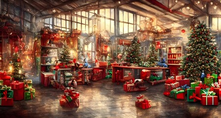 The Christmas toy factory is bustling with activity. Santa's elves are busy making toys for all the good girls and boys. The air is filled with the sound of hammering and sawing. Brightly colored wrap