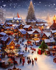 The winter christmas village is a beautiful sight. The snow is falling gently and the houses are all decorated with lights. The people in the village are going about their business, getting ready for 