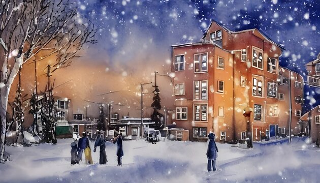 The watercolor apartment buildings are standing in the winter nighttime. The air is cold and the snow is falling gently around them.