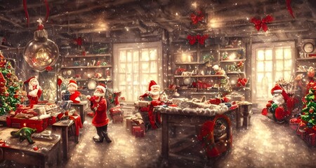 It's a busy time of year at the Christmas toy factory. Santa's elves are working around the clock to make sure all the toys are ready in time for Christmas Eve. There's a lot of noise as the machines  - obrazy, fototapety, plakaty