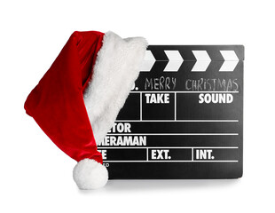 Movie clapper with Santa hat on white background