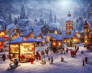 The snow is gently falling on the roofs of the houses and on the people walking around in winter coats. The smell of Christmas trees and gingerbread fills the air. In the distance, you can see a churc