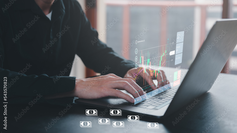 Poster businessman working on laptop, concept of working with computer laptop data analysis, graph. a man t