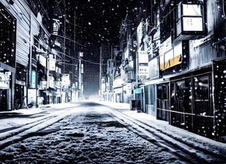 The city street is lined with tall buildings, their windows aglow with yellow light. It's winter evening, and a cold wind blows down the pavement. Pedestrians hurry along, bundled up in coats and scar