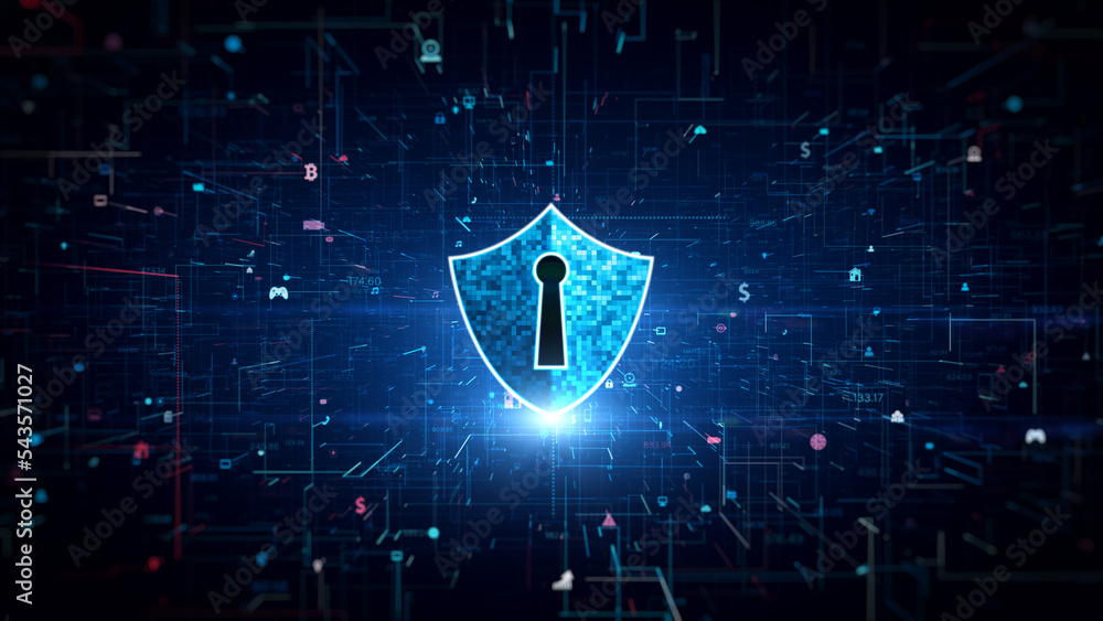 Poster blue shield icon cyber security, digital data network protection, future technology digital data net