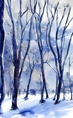I am admiring a watercolor winter forest painting. It is very beautiful, with different shades of blue and white making up the trees and snow. I can see delicate branches covered in soft looking snow.