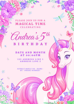 Birthday party invitation template with unicorn, butterflies and flowers. Vector illustration on pink background.
