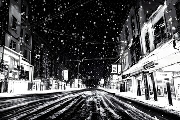I'm walking down a city street on a winter evening. The air is cold and there's snow on the ground. I see people walking by in coats and scarf, hurrying home to get out of the cold. The shops