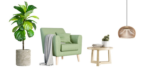 Green armchair and plant in 3d rendering