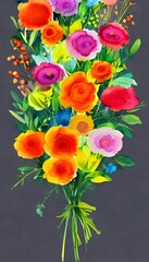 The watercolor flower bouquet is beautiful. The flowers are a variety of colors, and they're all in full bloom. They're surrounded by green leaves, and there's a white vase at the bottom.