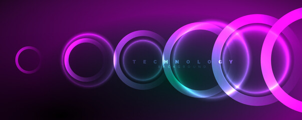 Neon shiny circles abstract background, technology energy space light concept, abstract background wallpaper design