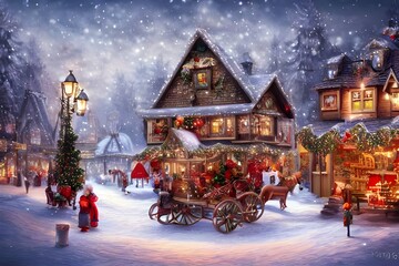 Fototapeta A winter christmas village is a scene of beauty. The houses are all decorated with lights and there is snow on the ground. The trees are covered in frost and the air is crisp. It's a magical time of y obraz