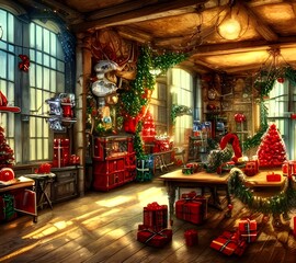 Fototapeta na wymiar It's a weekday morning at the North Pole and all of the elves are busy in the Christmas toy factory. The assembly line is moving swiftly as each elf works diligently on their assigned task. Some are p