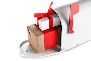 Mailbox with Christmas presents on white background, closeup