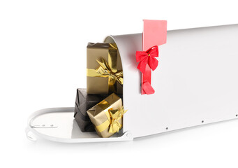 Mailbox with Christmas presents on white background