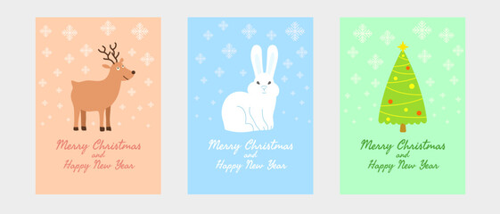 Set of Christmas cards in cute, cartoon children's style with rabbit, tree and reindeer for winter holidays, new year, greetings and invitations. Vector illustration