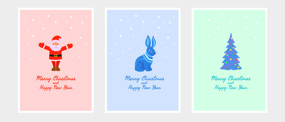 Fototapeta na wymiar Set of Christmas cards in cute, cartoon children's style with bunny, Christmas tree and Santa Claus on snowy background for winter holidays, new year, greetings and invitations. Vector illustration