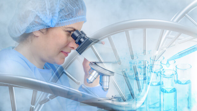 research and developement concept background of DNA strand overlay with blurred female scientist using microscope