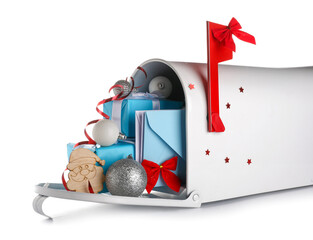 Mailbox with letters to Santa, presents and Christmas decor on white background, closeup