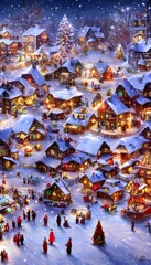 Fototapeta premium The snow is softly falling and the air is crisp as I walk through the winter christmas village. The houses are all decorated with lights and wreaths, and there's even a light dusting of snow on the gr