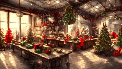 The Christmas toy factory is a mad scene of hectic activity. Elves are busy at their workbenches, hammering away at toys and packing them into boxes. In the center of the room, a gigantic machine is c