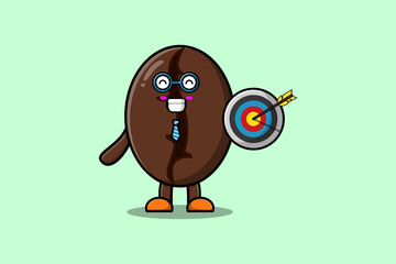 Cute cartoon Coffee beans businessman holding target and arrow with happy expression  