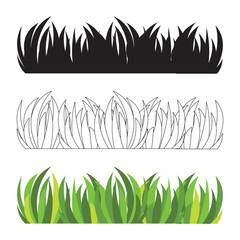 three style of green grass, silhouette, black and white object on white background, vector illustration