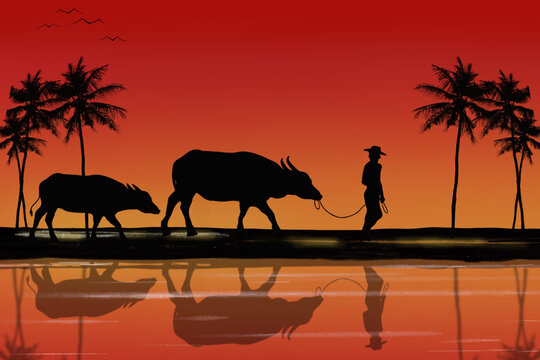Silhouette Illustration background. Background image Thai culture. Illustration Pattern background ,A farmer leads a buffalo along a path with shadows in the water on yellow and orange background.
