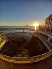 Spiral pedestrian ramp in Clearwater, Florida, at sunset