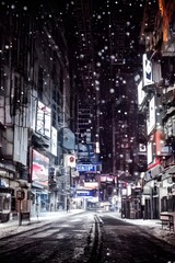 Obraz premium The city street is covered in a light blanket of snow. The evening air is crisp and the lamplight casts a warm glow on the scene. Cars are parked haphazardly along the curb, their exhausts sending ten